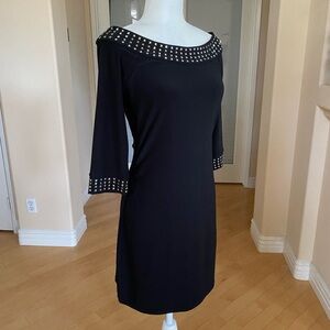 White House Black Market Silver Studded Black Stretch Mini Dress 3/4 Sleeves